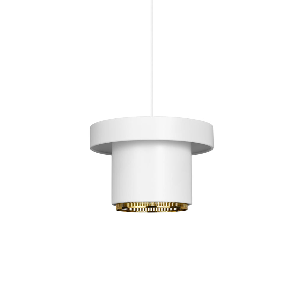 Pendant Light A201 designed by Alvar Aalto, featuring a powder-coated steel shade in white with a perforated brass ring that diffuses light and prevents glare. The light comes with a white cable.