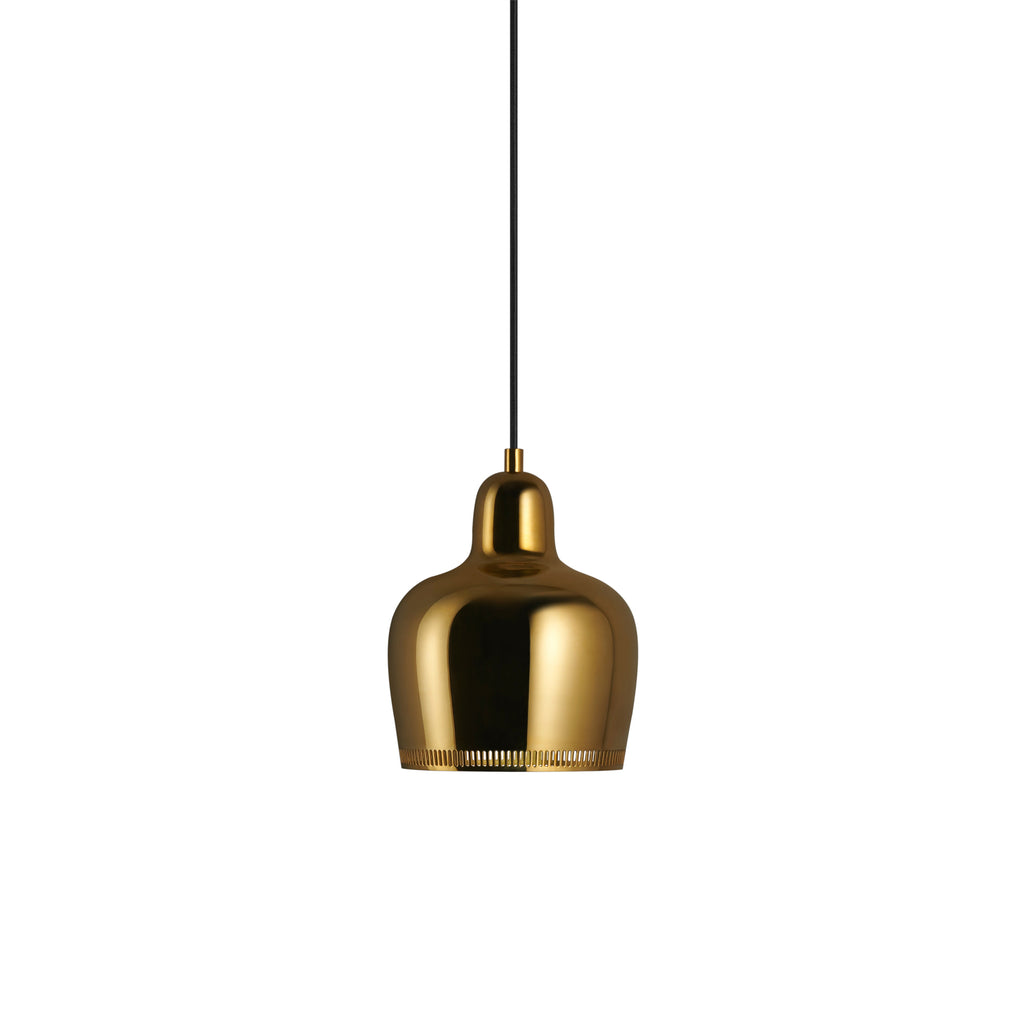 "Pendant Light A330S 'Golden Bell' designed by Alvar Aalto, featuring an uncoated brass shade, known as the 'Savoy' version, with a perforated rim that creates a halo effect and prevents glare. The light has a black cable.