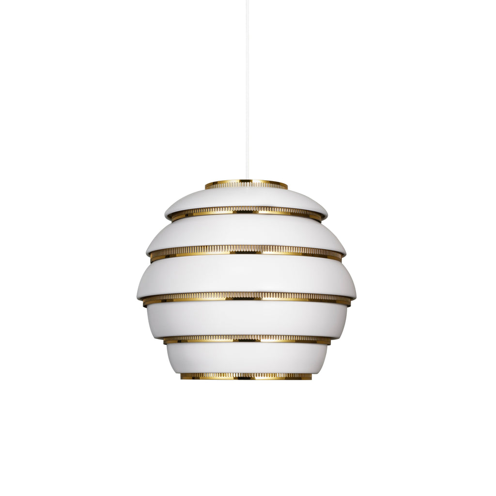 Pendant Light A331 'Beehive' in white-brass finish, designed by Alvar Aalto. The lamp includes a sculptural aluminium shade with brass-plated steel rings, offering a warm, diffuse light.