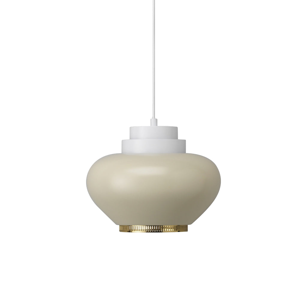 Pendant Light A333 'Duotone,' designed by Alvar Aalto, featuring a sculptural aluminium shade with a contrasting upper and lower body in white and linen. The lamp includes circular recesses near the top of the shade, providing indirect light that enhances its rounded form.