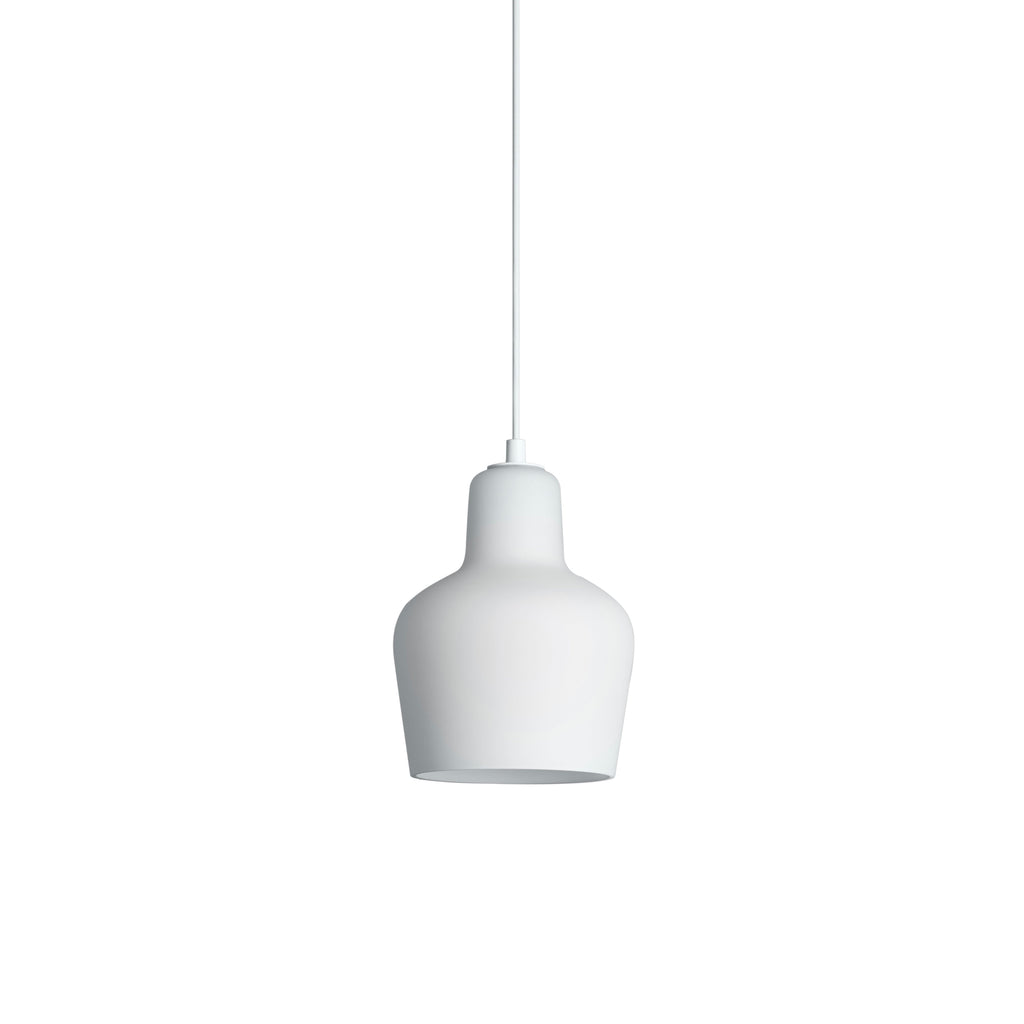 Pendant Light A440 designed by Alvar Aalto, featuring a hand-blown opal glass shade that provides a soft, diffuse light and prevents glare. The light comes with a white cable.