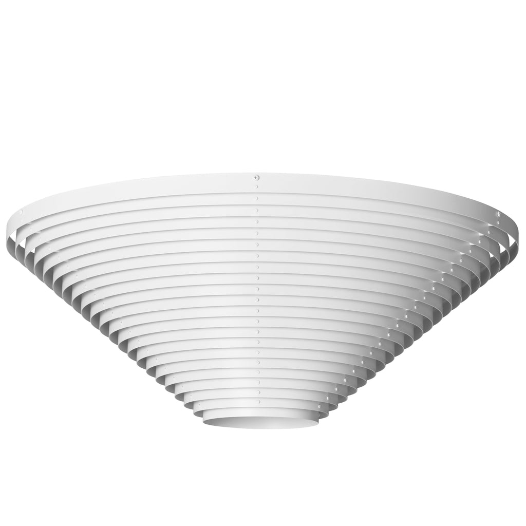 Ceiling Light A622A designed by Alvar Aalto, featuring a white shade made of thin metal sheets arranged in a staggered circular formation that casts a soft, diffuse light. The light mounts directly onto the ceiling.