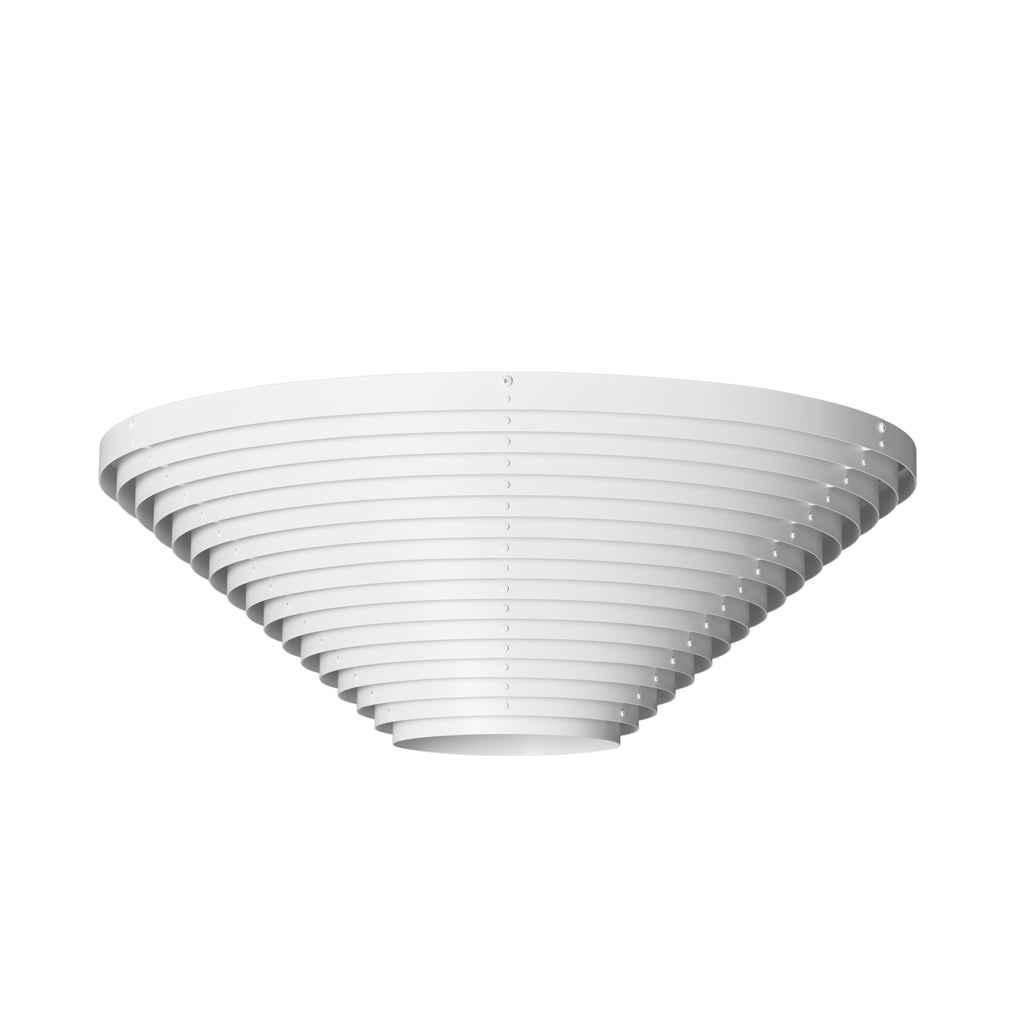 Ceiling Light A622B designed by Alvar Aalto, featuring a white shade made of thin metal sheets arranged in a staggered circular formation that casts a soft, diffuse light. The light mounts directly onto the ceiling.