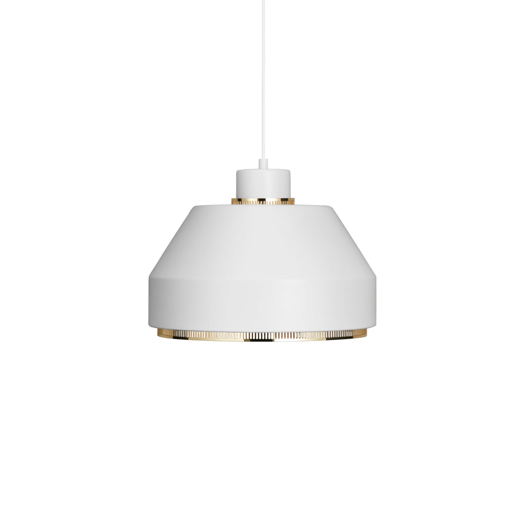 Pendant Light AMA500 designed by Aino Aalto, featuring a white lacquered steel shade with a perforated brass ring that reduces glare and creates beautiful reflections. The light comes with a white cable.