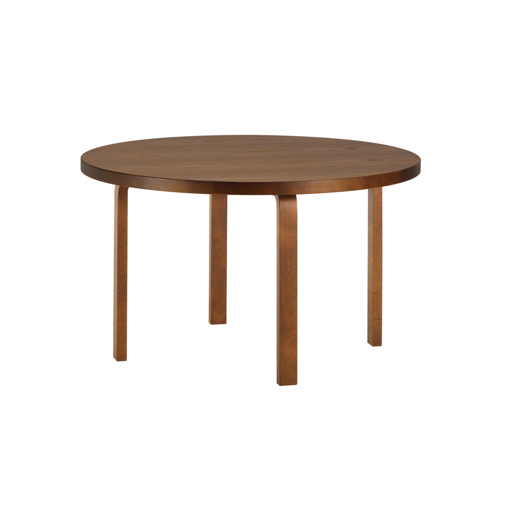 Aalto Table 91, designed by Alvar Aalto, featuring a round walnut-stained oak veneer table top.