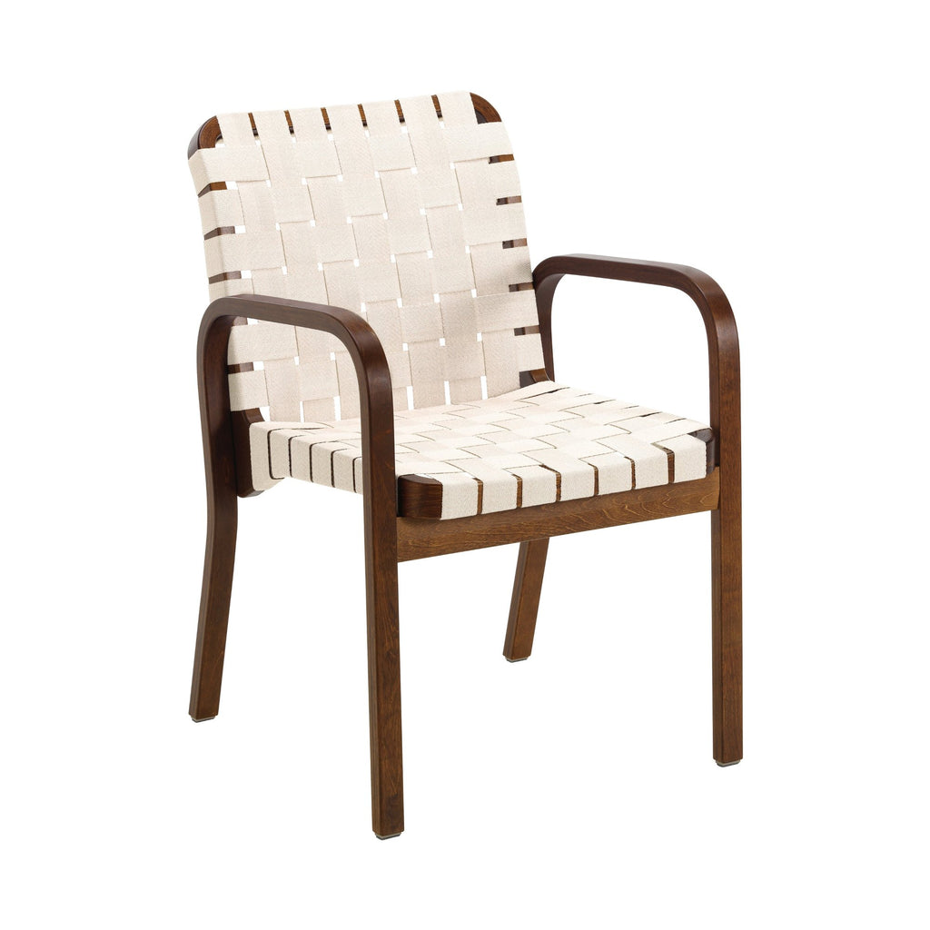 Artek Armchair 45 design by Alvar Aalto: Frame walnut stained birch, natural/white webbing, bare armrests