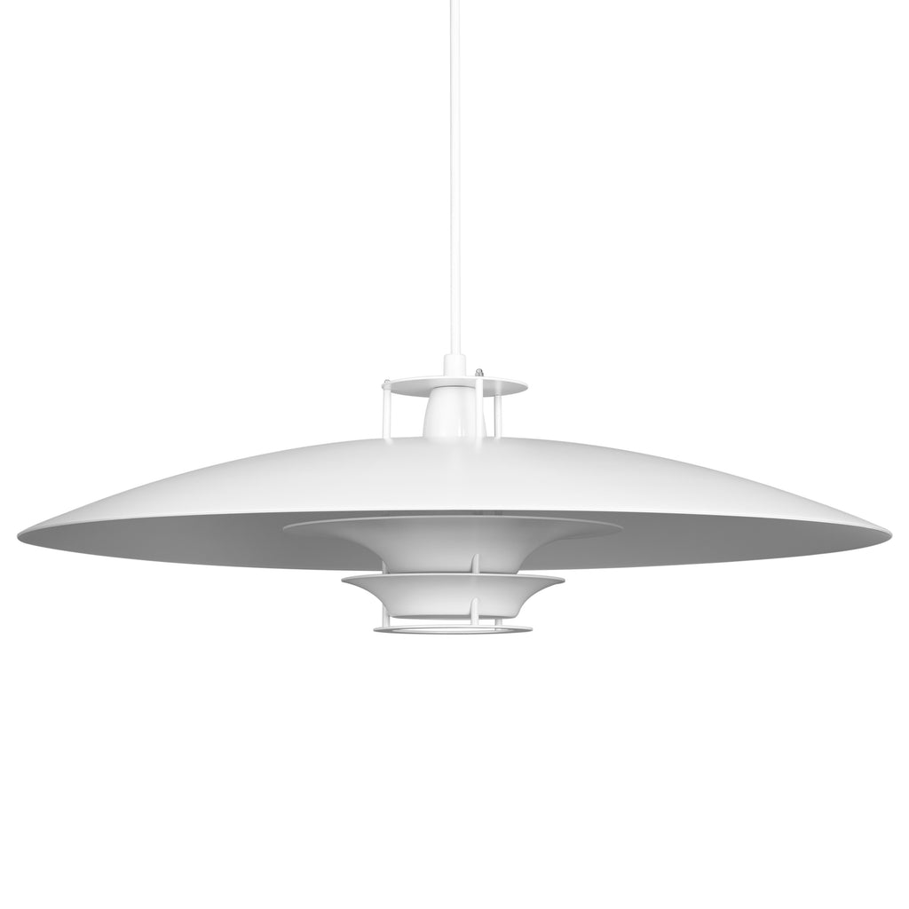 Pendant Light JL341 designed by Juha Leiviskä, featuring a white-painted aluminium shade with matching white details that reflect light evenly and softly. The light comes with a white cable.