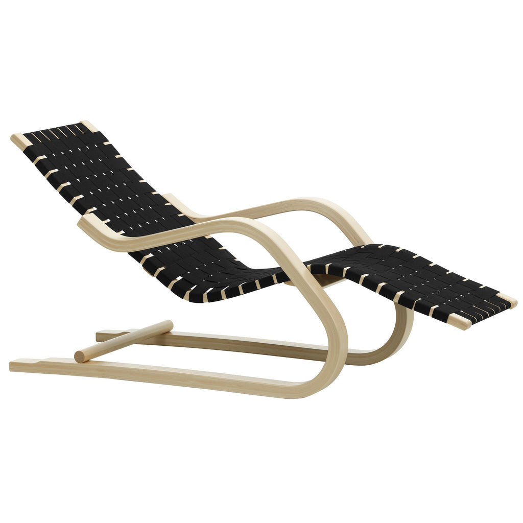 Lounge Chair 43 with a natural birch frame and black linen webbing, blending natural wood tones with a bold, contrasting finish.