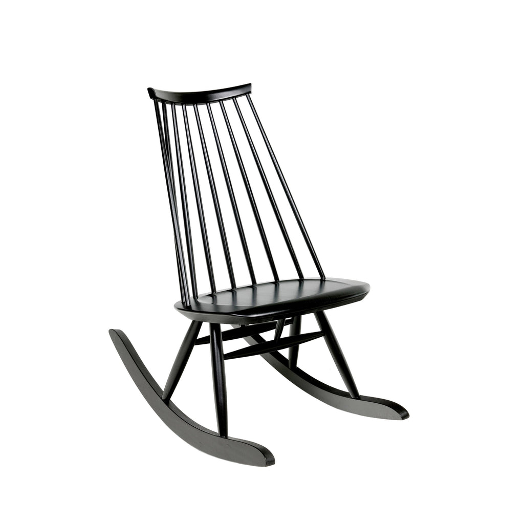 Artek Mademoiselle Rocking Chair lacquered black, designed by Ilmari Tapiovaara, featuring a spoke back and smooth modernist curves, crafted from solid birch.