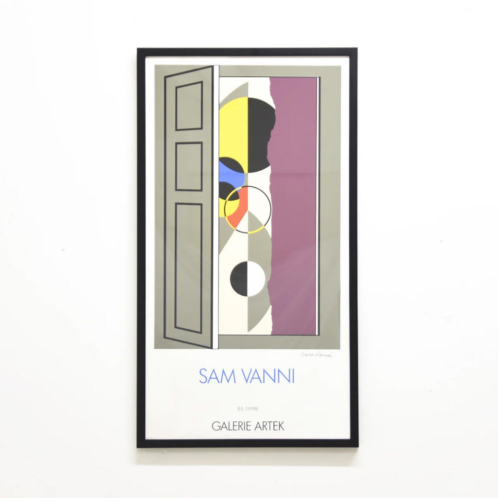 Artek Poster Galerie Artek Sam Vanni, 1988. The poster features artwork by Finnish painter Sam Vanni, showcasing abstract geometric shapes and vibrant colors. The poster is signed by the artist. Dimensions: 75 x 41.5 cm. This is a vintage item from the Artek 2nd Cycle collection.