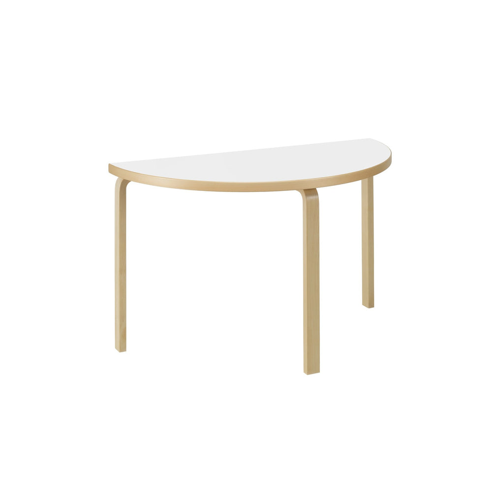 Artek Aalto Table 95 (half round) design by Alvar Aalto: Legs and top edge-band natural lacquered solid birch and top surface white laminate HPL
