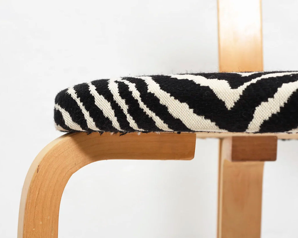 Close-up of a chair seat upholstered with Zebra fabric.