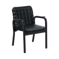 Armchair 45, leather – Black lacquered/black quilted leather/flat wrap leather armrests