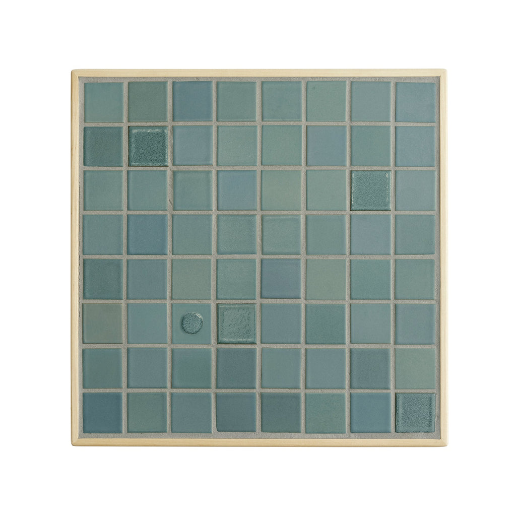 Top-down close-up photograph of the Tile Table Square in Green. The image shows how the tabletop is composed of square tiles in varying shades of green.