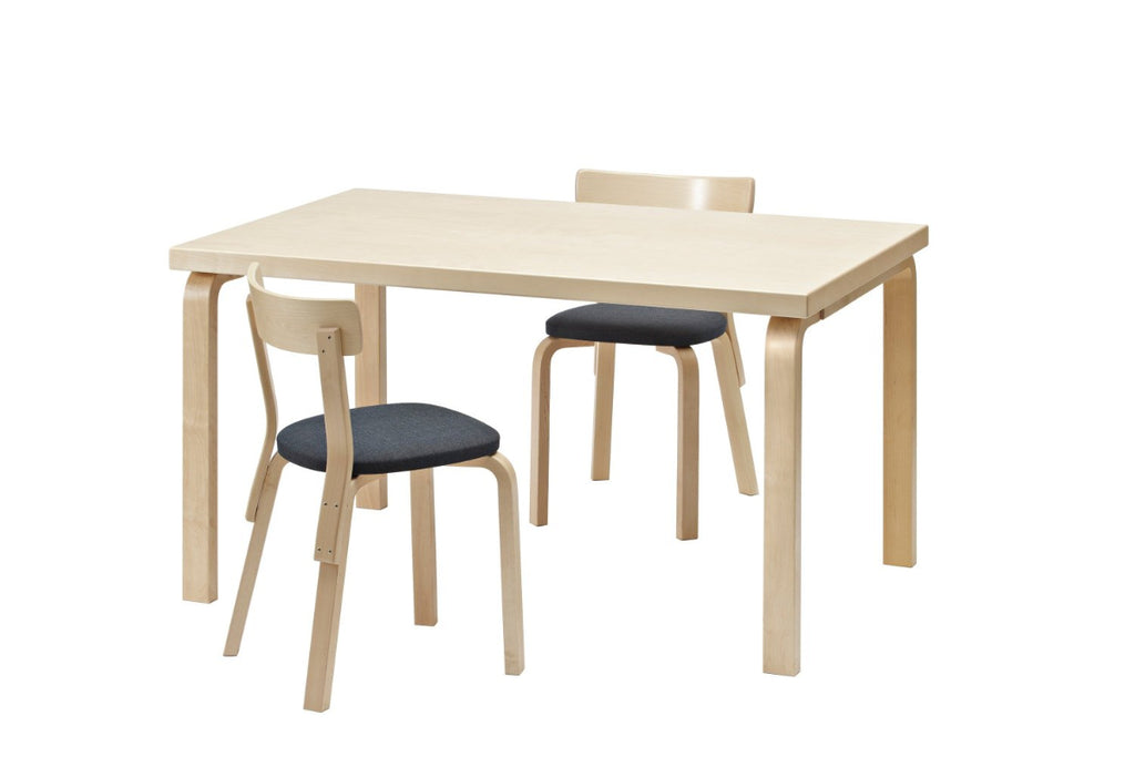 Product image of Artek Aalto Table 82B in birch, shown with two upholstered Chair 69 placed around the table.