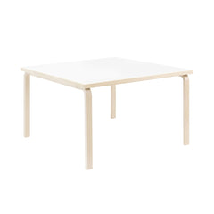 Artek Aalto Table 84 (square) design by Alvar Aalto: Legs and top edge-band natural lacquered solid birch and top surface white laminate HPL