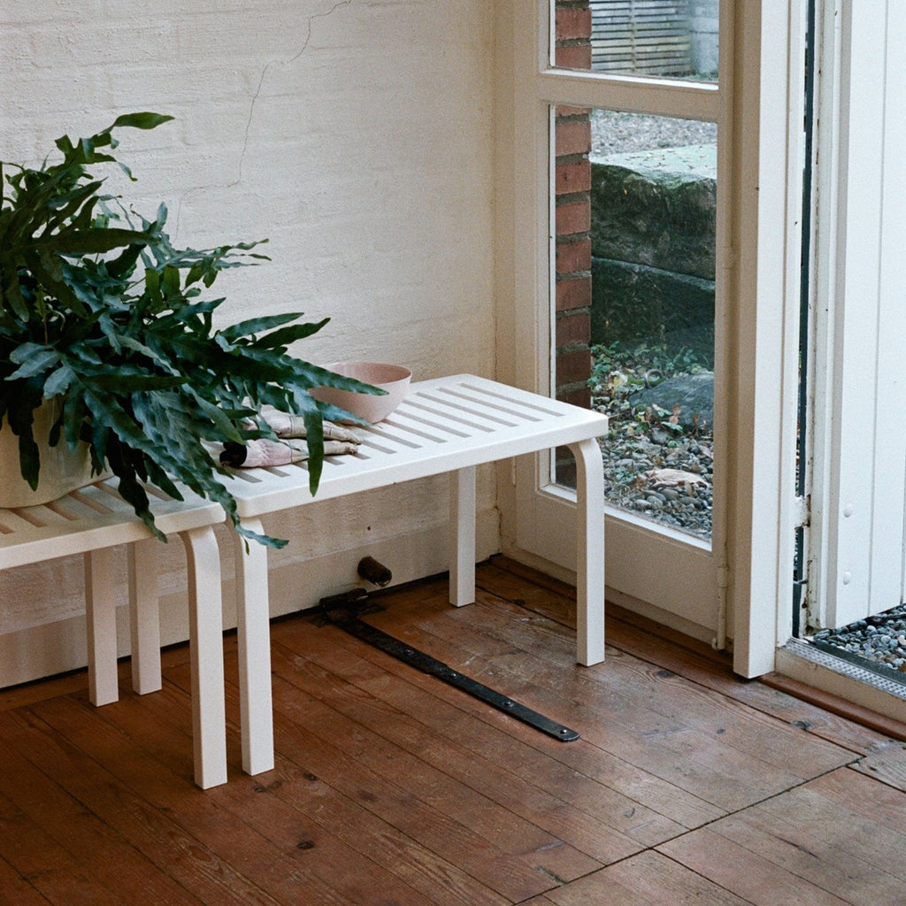Interior view featuring two white lacquered Bench 153B placed against a wall. Riihitie Plant Pot with a plant is positioned on top of the benches.