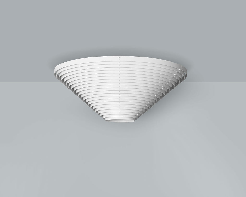 Product image of white Artek Ceiling Light A622A mounted to the ceiling in a grey space. The ceiling light is switched off.