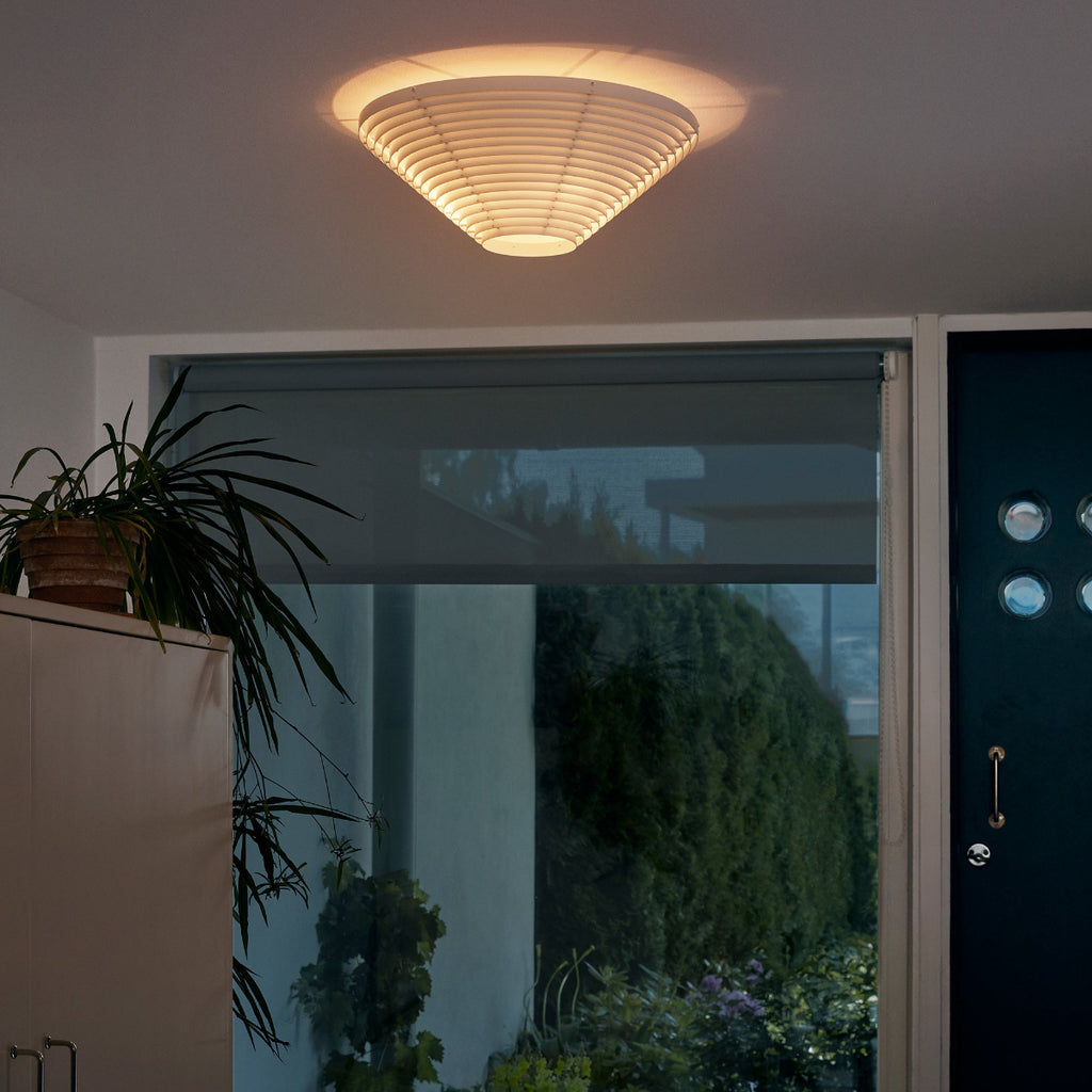 Interior view of a hallway featuring Ceiling Light A622B mounted on the ceiling. A blue entrance door and a large window are visible, with plants seen outside. The light is switched on.