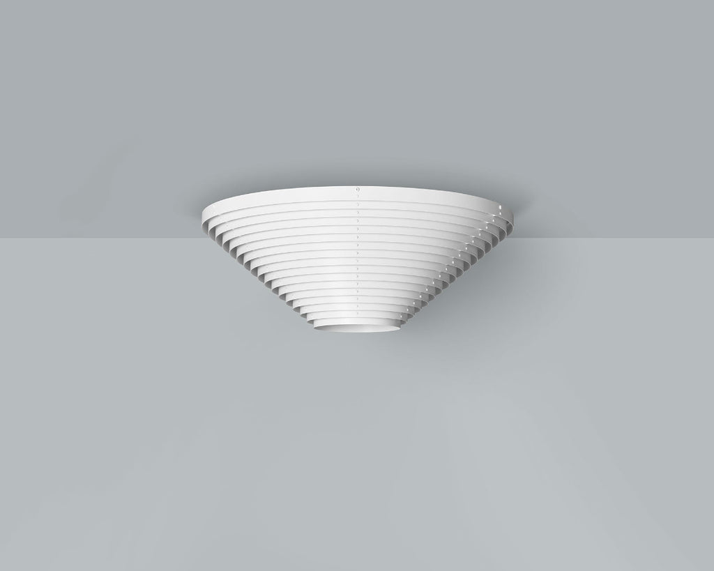 Product image of white Artek Ceiling Light A622B mounted to the ceiling in a grey space. The smaller ceiling light is switched off.