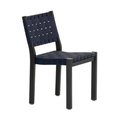 Artek Chair 611 design by Alvar Aalto: Frame black lacquered birch, blue/
black webbing
