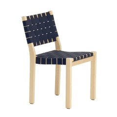 Artek Chair 611 design by Alvar Aalto: Frame natural lacquered birch, blue/
black webbing