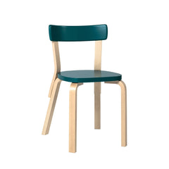Artek Chair 69 design by Alvar Aalto: Legs and backrest support natural lacquered birch, seat and backrest petrol lacquered