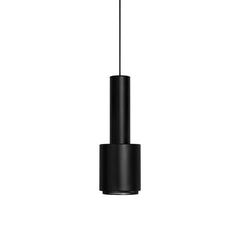 Pendant Light A110 'Hand Grenade' designed by Alvar Aalto, featuring a lacquered steel shade in black with a matching black perforated ring that diffuses light and prevents glare.