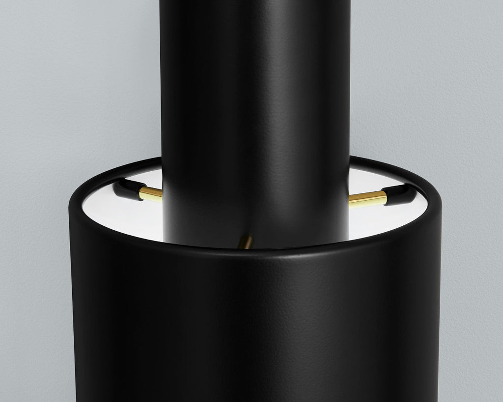 Close-up product image of black Artek Pendant Light A110, focusing on the central section of the fixture.
