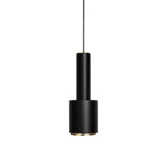 Pendant Light A110 'Hand Grenade' designed by Alvar Aalto, featuring a lacquered steel shade in black with a contrasting brass perforated ring that diffuses light and prevents glare.