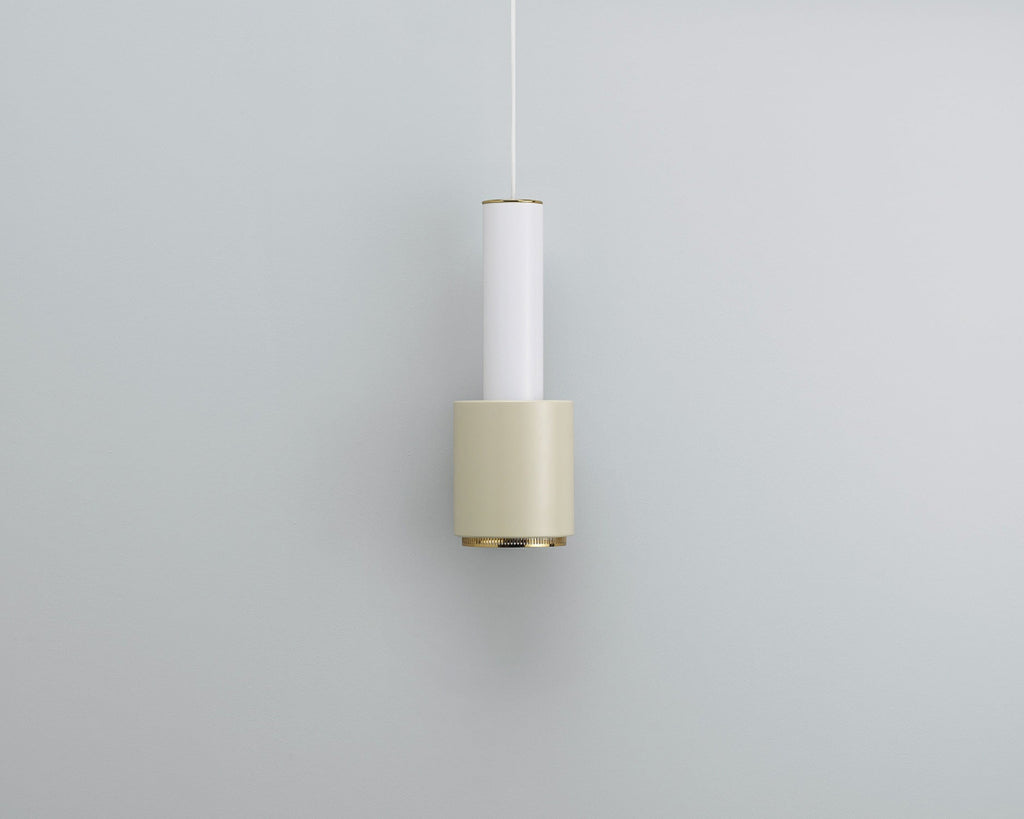 Product image of Pendant Light A110 “Hand Grenade” in duo-tone white linen, photographed against a grey background. The light is switched off.
