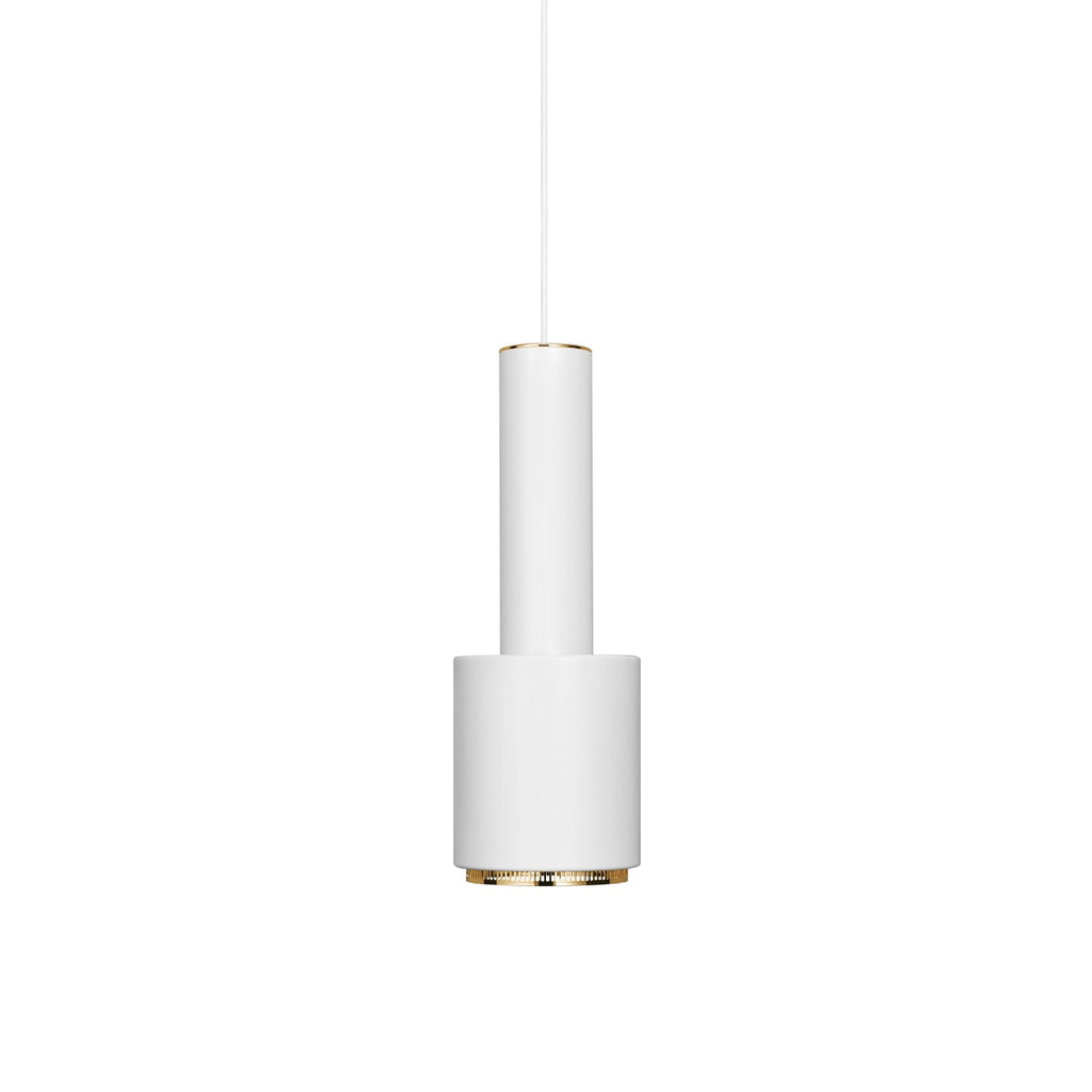 Pendant Light A110 'Hand Grenade' designed by Alvar Aalto, featuring a lacquered steel shade in white with a contrasting brass perforated ring that diffuses light and prevents glare.