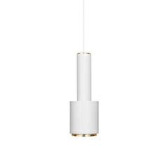 Pendant Light A110 'Hand Grenade' designed by Alvar Aalto, featuring a lacquered steel shade in white with a contrasting brass perforated ring that diffuses light and prevents glare.