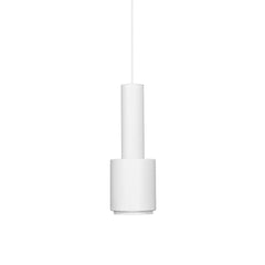 Pendant Light A110 'Hand Grenade' designed by Alvar Aalto, featuring a lacquered steel shade in white with a contrasting brass perforated ring that diffuses light and prevents glare.