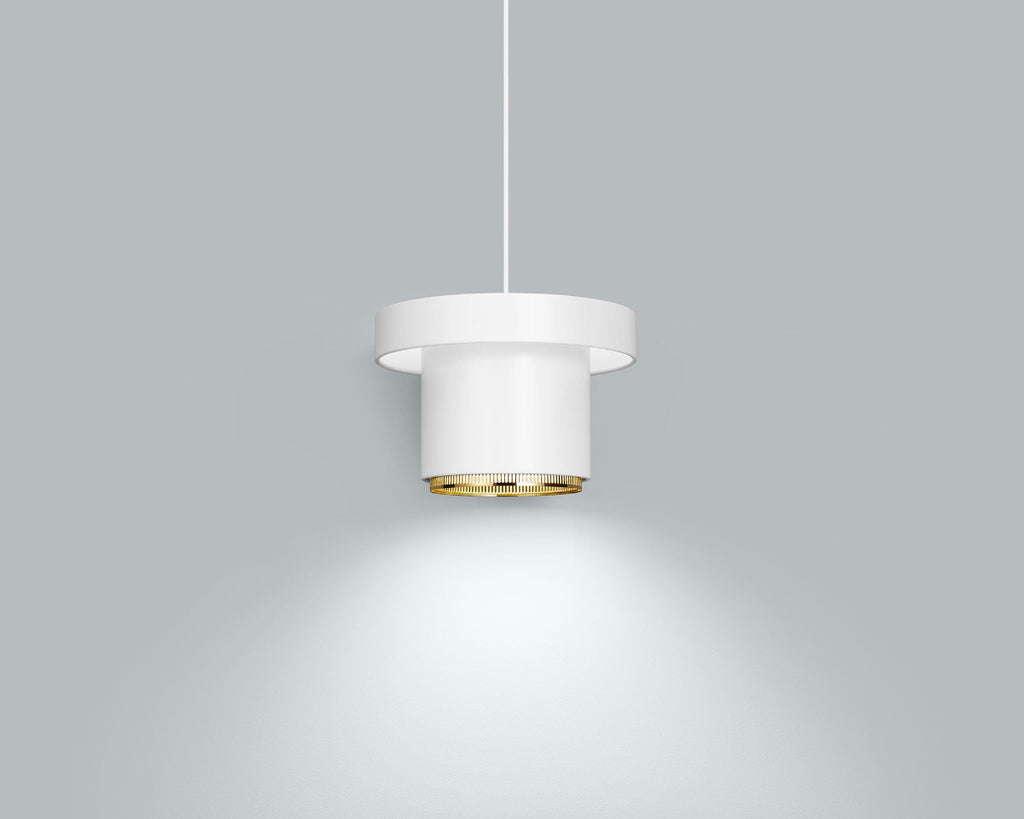 Product image of white Artek Pendant Light A201 with a brass ring. The pendant light is switched on and photographed against a grey background.