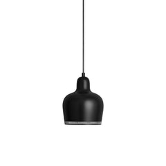Pendant Light A330S 'Golden Bell' designed by Alvar Aalto, featuring a lacquered steel shade in black with a perforated rim that creates a halo effect and prevents glare. The light has a black wire.