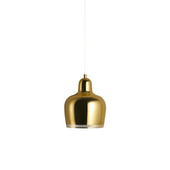 Pendant Light A330S 'Golden Bell' designed by Alvar Aalto, featuring a hand-spun brass shade with a perforated rim that creates a halo effect and prevents glare. The light has a white cable.