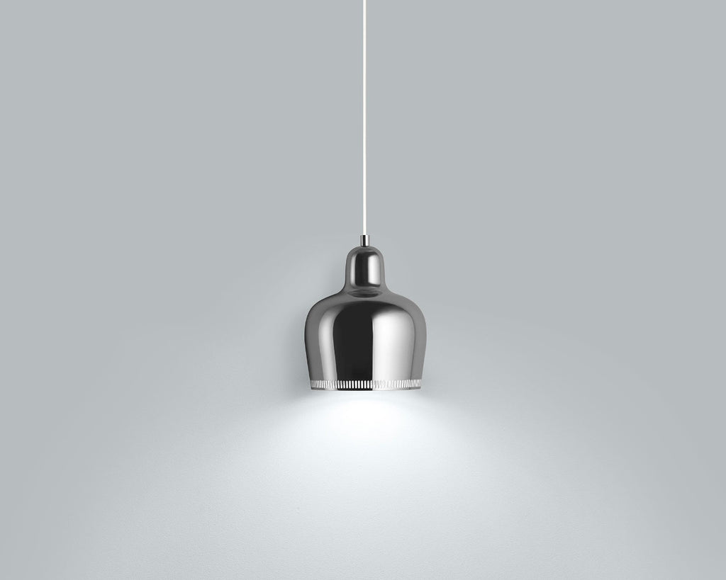 Product image of chrome Artek Pendant Light A330S “Golden Bell”. The pendant light is switched on and photographed against a grey background.