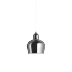 Pendant Light A330S 'Golden Bell' designed by Alvar Aalto, featuring a chrome-plated shade with a perforated rim that creates a halo effect and prevents glare. The light has a white cable.