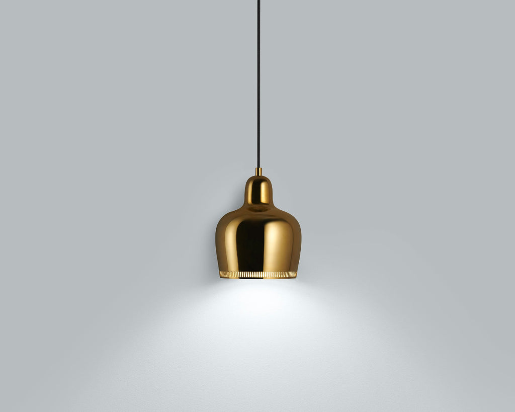 Product image of Artek Pendant Light A330S “Golden Bell”, Savoy version. The pendant light is switched on and photographed against a grey background.