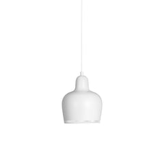 Pendant Light A330S 'Golden Bell' designed by Alvar Aalto, featuring a lacquered steel shade in white with a perforated rim that creates a halo effect and prevents glare. The light has a white cable.