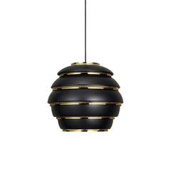 Pendant Light A331 'Beehive' in black-brass finish, designed by Alvar Aalto. The lamp features a sculptural aluminium shade with brass-plated steel rings, creating a warm, diffuse light. 