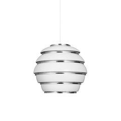Pendant Light A331 'Beehive' in white-chrome finish, designed by Alvar Aalto. The lamp features a sculptural aluminium shade with chrome-plated steel rings, providing a warm, diffuse light. 