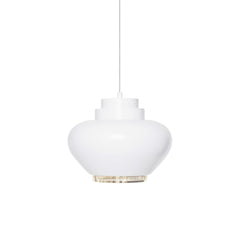 Pendant Light A333 'Turnip' designed by Alvar Aalto, featuring a lacquered steel shade in white with a contrasting brass perforated ring that prevents glare. The light comes with a white cable.