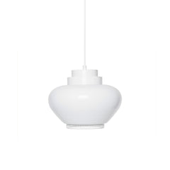Pendant Light A333 'Turnip' designed by Alvar Aalto, featuring a lacquered steel shade in white with a matching white perforated ring that prevents glare. The light comes with a white cable.
