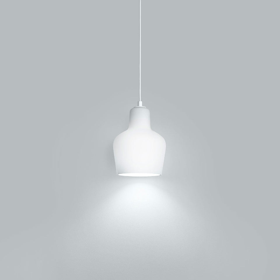 Product image of white Artek Pendant Light A440. The pendant light is switched on and photographed against a grey background.