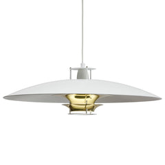 Pendant Light JL341 designed by Juha Leiviskä, featuring a white-painted aluminium shade with a contrasting brass detail that reflects light evenly and softly. The light comes with a white cable.