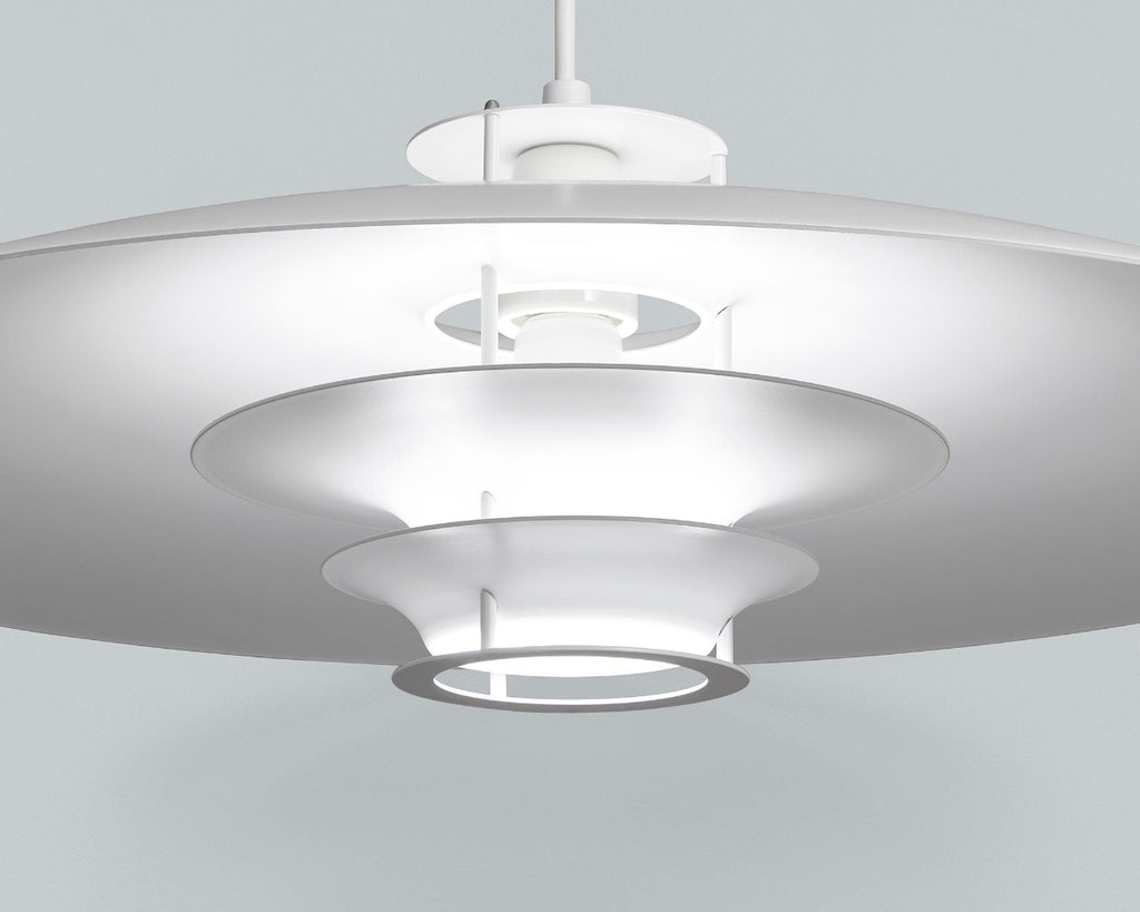 Product image of Artek Pendant Light JL341 in white. Close-up detail of the pendant light, switched on and photographed against a grey background.