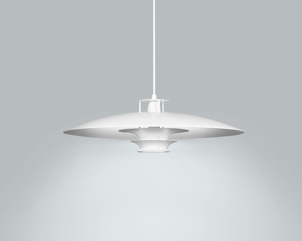 Product image of Artek Pendant Light JL341 in white. The pendant light is switched on and photographed against a grey background.