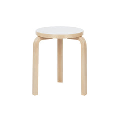 Artek Stool 60 design by Alvar Aalto (three legs): Legs birch natural lacquered, seat IKI white HPL